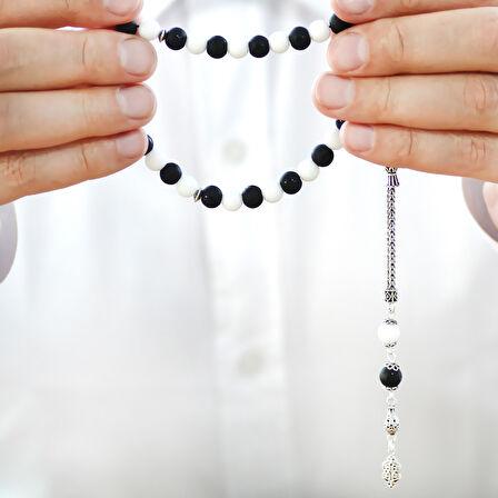 925 Ayar Gümüş Foxtail Zincir Püsküllü Küre Kesim Siyah Beyaz Jade Ayyıldız Oniks Doğaltaş Taraftar Tesbih