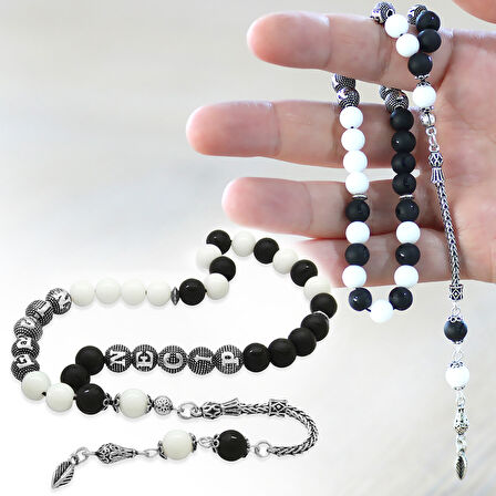 925 Ayar Gümüş Püsküllü Küre Kesim Kişiye Özel İsim Yazılı Siyah Beyaz Jade Ayyıldız Oniks Doğaltaş Taraftar Tesbih