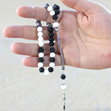 925 Ayar Gümüş Püsküllü Küre Kesim Kişiye Özel İsim Yazılı Siyah Beyaz Jade Ayyıldız Oniks Doğaltaş Taraftar Tesbih