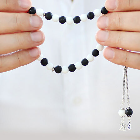 925 Ayar Gümüş Kişiye Özel Harf Püsküllü Küre Kesim Siyah Beyaz Jade Ayyıldız Oniks Doğaltaş Taraftar Tesbih