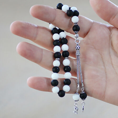 925 Ayar Gümüş Kişiye Özel Harf Püsküllü Küre Kesim Siyah Beyaz Jade Ayyıldız Oniks Doğaltaş Taraftar Tesbih