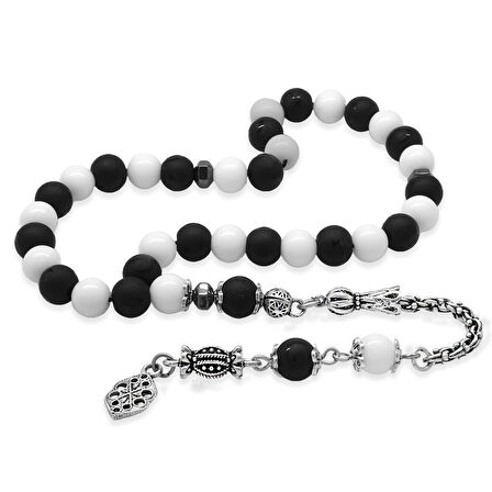 Kararmaz Metal Arnavut Zincir Püsküllü Küre Kesim Siyah Beyaz Jade Ayyıldız Oniks Doğaltaş Taraftar Tesbih M2