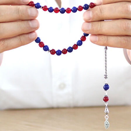 925 Ayar Gümüş Foxtail Zincir Püsküllü Küre Kesim Bordo Mavi Jade Doğaltaş Taraftar Tesbih