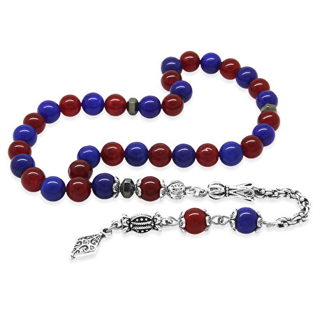 Kararmaz Metal Arnavut Zincir Püsküllü Küre Kesim Bordo Mavi Jade Doğaltaş Taraftar Tesbih M1