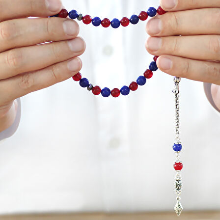 Kararmaz Metal Arnavut Zincir Püsküllü Küre Kesim Bordo Mavi Jade Doğaltaş Taraftar Tesbih M1