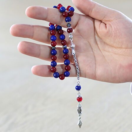 Kararmaz Metal Arnavut Zincir Püsküllü Küre Kesim Bordo Mavi Jade Doğaltaş Taraftar Tesbih M1