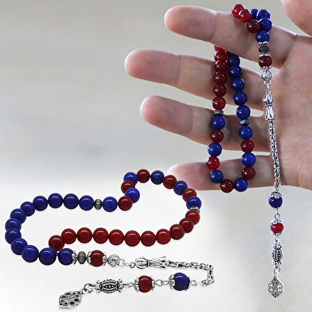 Kararmaz Metal Arnavut Zincir Püsküllü Küre Kesim Bordo Mavi Jade Doğaltaş Taraftar Tesbih M2