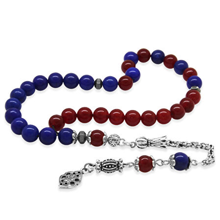 Kararmaz Metal Arnavut Zincir Püsküllü Küre Kesim Bordo Mavi Jade Doğaltaş Taraftar Tesbih M2