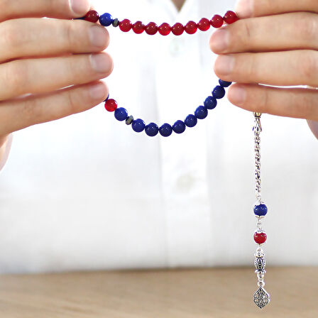 Kararmaz Metal Arnavut Zincir Püsküllü Küre Kesim Bordo Mavi Jade Doğaltaş Taraftar Tesbih M2