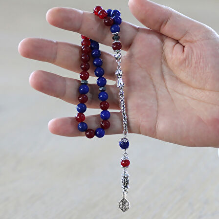 Kararmaz Metal Arnavut Zincir Püsküllü Küre Kesim Bordo Mavi Jade Doğaltaş Taraftar Tesbih M2