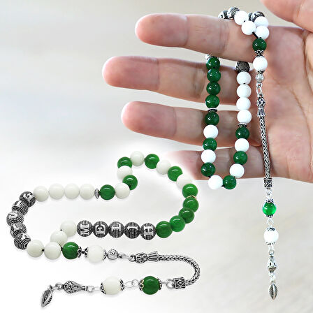 925 Ayar Gümüş Püsküllü Küre Kesim Kişiye Özel İsim Yazılı Yeşil Beyaz Jade Doğaltaş Taraftar Tesbih