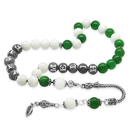 925 Ayar Gümüş Püsküllü Küre Kesim Kişiye Özel İsim Yazılı Yeşil Beyaz Jade Doğaltaş Taraftar Tesbih