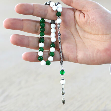 925 Ayar Gümüş Püsküllü Küre Kesim Kişiye Özel İsim Yazılı Yeşil Beyaz Jade Doğaltaş Taraftar Tesbih