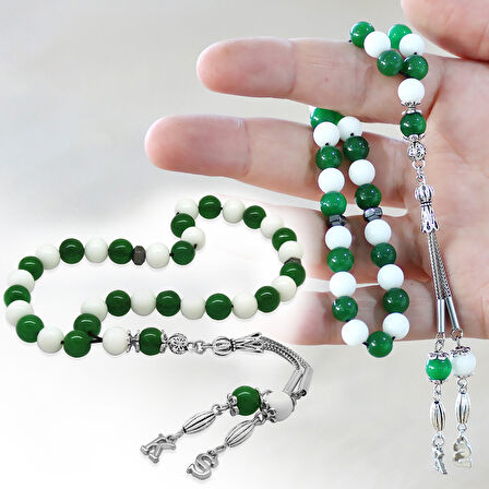 Kararmaz Metal Kişiye Özel Harf Püsküllü Küre Kesim Yeşil Beyaz Jade Doğaltaş Taraftar Tesbih