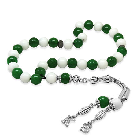 Kararmaz Metal Kişiye Özel Harf Püsküllü Küre Kesim Yeşil Beyaz Jade Doğaltaş Taraftar Tesbih