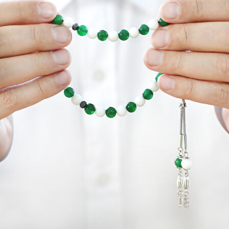 Kararmaz Metal Kişiye Özel Harf Püsküllü Küre Kesim Yeşil Beyaz Jade Doğaltaş Taraftar Tesbih