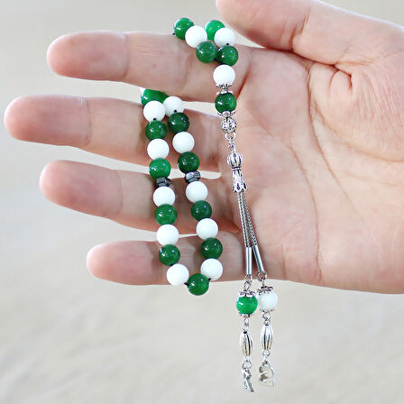 Kararmaz Metal Kişiye Özel Harf Püsküllü Küre Kesim Yeşil Beyaz Jade Doğaltaş Taraftar Tesbih