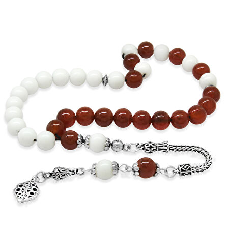 925 Ayar Gümüş Püsküllü Küre Kesim Kırmızı Beyaz Jade Akik Doğaltaş Taraftar Tesbih