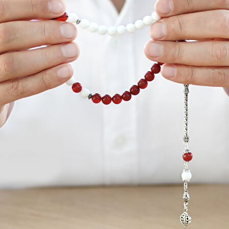 925 Ayar Gümüş Püsküllü Küre Kesim Kırmızı Beyaz Jade Akik Doğaltaş Taraftar Tesbih