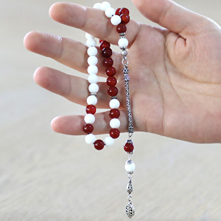 925 Ayar Gümüş Püsküllü Küre Kesim Kırmızı Beyaz Jade Akik Doğaltaş Taraftar Tesbih