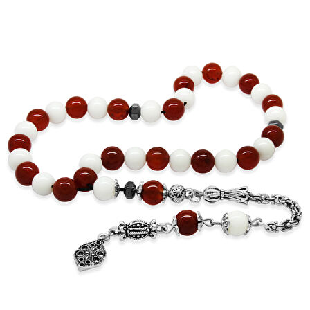 Kararmaz Metal Arnavut Zincir Püsküllü Küre Kesim Kırmızı Beyaz Jade Akik Doğaltaş Taraftar Tesbih M1