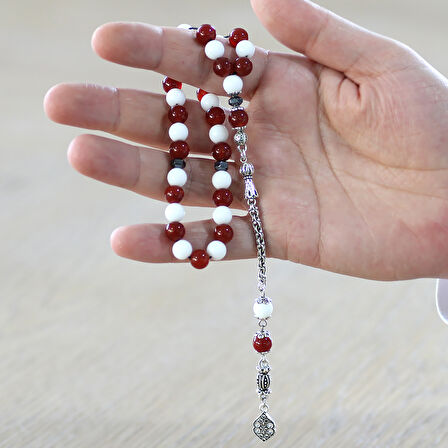 Kararmaz Metal Arnavut Zincir Püsküllü Küre Kesim Kırmızı Beyaz Jade Akik Doğaltaş Taraftar Tesbih M1