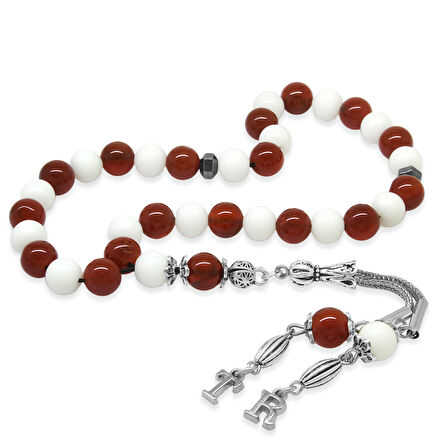 Kararmaz Metal Kişiye Özel Harf Püsküllü Küre Kesim Kırmızı Beyaz Jade Akik Doğaltaş Taraftar Tesbih