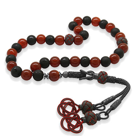 1000 Ayar Gümüş Kazaz Püsküllü Küre Kesim Kırmızı Siyah Ayyıldız Oniks Akik Doğaltaş Taraftar Tesbih