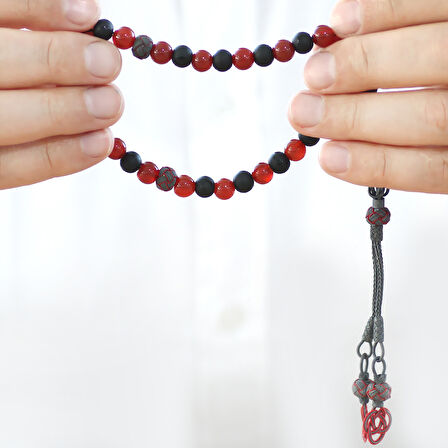 1000 Ayar Gümüş Kazaz Püsküllü Küre Kesim Kırmızı Siyah Ayyıldız Oniks Akik Doğaltaş Taraftar Tesbih