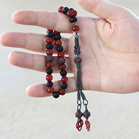 1000 Ayar Gümüş Kazaz Püsküllü Küre Kesim Kırmızı Siyah Ayyıldız Oniks Akik Doğaltaş Taraftar Tesbih