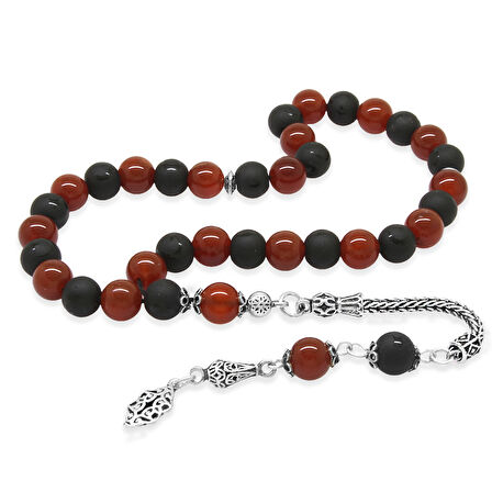 925 Ayar Gümüş Foxtail Zincir Püsküllü Küre Kesim Kırmızı Siyah Ayyıldız Oniks Akik Doğaltaş Taraftar Tesbih