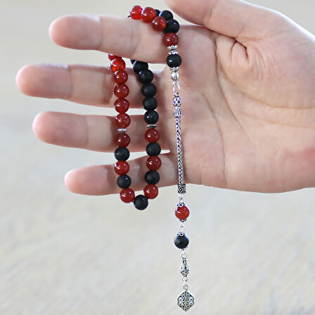 925 Ayar Gümüş Püsküllü Küre Kesim Kırmızı Siyah Ayyıldız Oniks Akik Doğaltaş Taraftar Tesbih