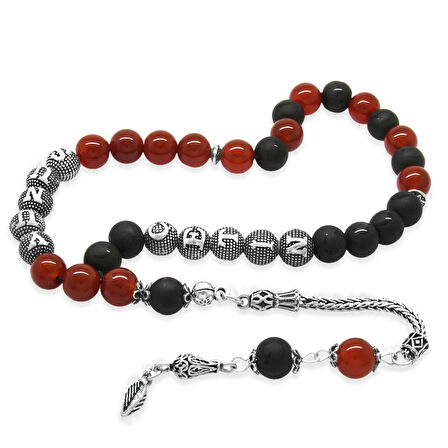 925 Ayar Gümüş Püsküllü Küre Kesim Kişiye Özel İsim Yazılı Kırmızı Siyah Ayyıldız Oniks Akik Doğaltaş Taraftar Tesbih