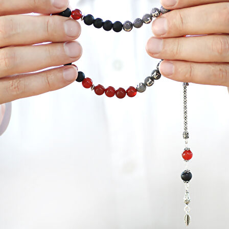 925 Ayar Gümüş Püsküllü Küre Kesim Kişiye Özel İsim Yazılı Kırmızı Siyah Ayyıldız Oniks Akik Doğaltaş Taraftar Tesbih