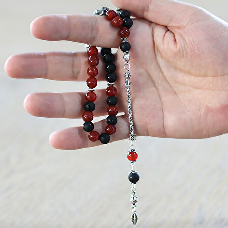 925 Ayar Gümüş Püsküllü Küre Kesim Kişiye Özel İsim Yazılı Kırmızı Siyah Ayyıldız Oniks Akik Doğaltaş Taraftar Tesbih