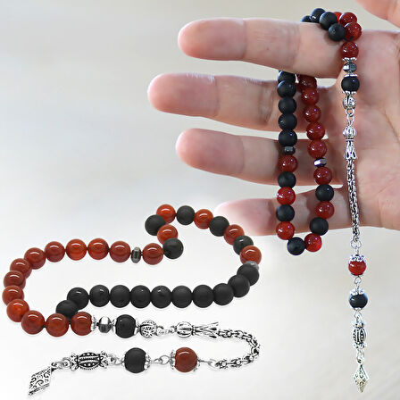 Kararmaz Metal Arnavut Zincir Püsküllü Küre Kesim Kırmızı Siyah Ayyıldız Oniks Akik Doğaltaş Taraftar Tesbih M2