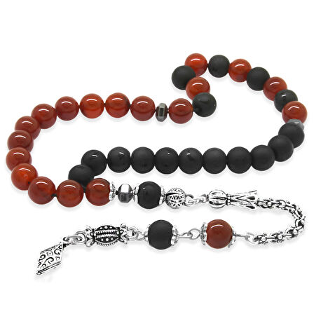 Kararmaz Metal Arnavut Zincir Püsküllü Küre Kesim Kırmızı Siyah Ayyıldız Oniks Akik Doğaltaş Taraftar Tesbih M2