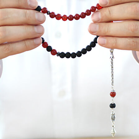 Kararmaz Metal Arnavut Zincir Püsküllü Küre Kesim Kırmızı Siyah Ayyıldız Oniks Akik Doğaltaş Taraftar Tesbih M2