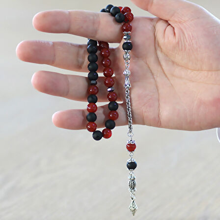 Kararmaz Metal Arnavut Zincir Püsküllü Küre Kesim Kırmızı Siyah Ayyıldız Oniks Akik Doğaltaş Taraftar Tesbih M2