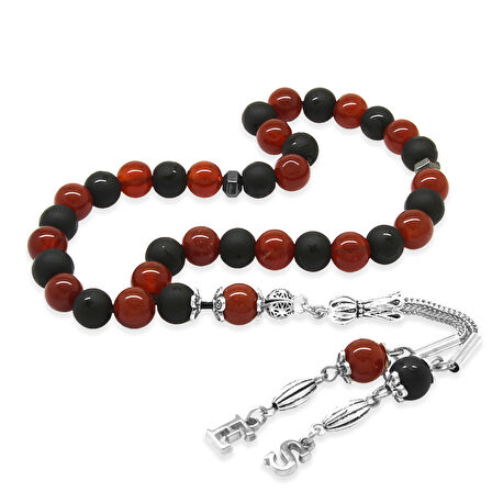 Kararmaz Metal Kişiye Özel Harf Püsküllü Küre Kesim Kırmızı Siyah Ayyıldız Oniks Akik Doğaltaş Taraftar Tesbih