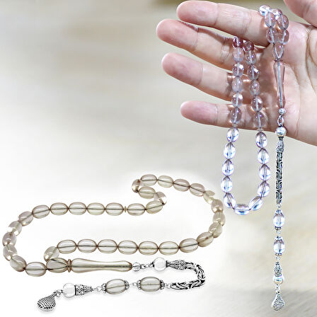 925 Ayar Gümüş Kral Zincir Püsküllü Sülün İmame Beyzi Kesim Şeffaf Beyaz Katalin Tesbih