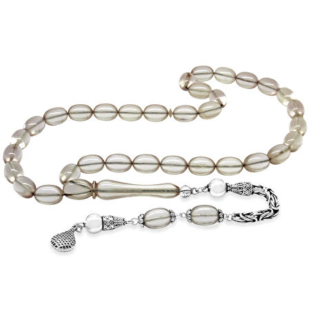 925 Ayar Gümüş Kral Zincir Püsküllü Sülün İmame Beyzi Kesim Şeffaf Beyaz Katalin Tesbih