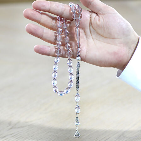 925 Ayar Gümüş Kral Zincir Püsküllü Sülün İmame Beyzi Kesim Şeffaf Beyaz Katalin Tesbih