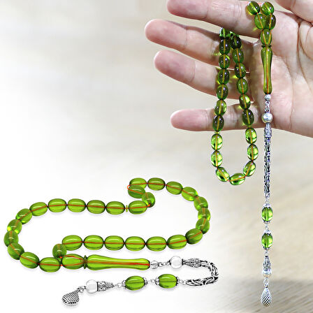 925 Ayar Gümüş Kral Zincir Püsküllü Sülün İmame Beyzi Kesim Yeşil Katalin Tesbih