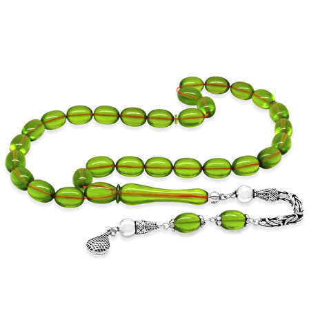 925 Ayar Gümüş Kral Zincir Püsküllü Sülün İmame Beyzi Kesim Yeşil Katalin Tesbih