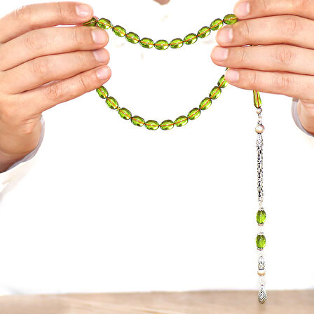 925 Ayar Gümüş Kral Zincir Püsküllü Sülün İmame Beyzi Kesim Yeşil Katalin Tesbih