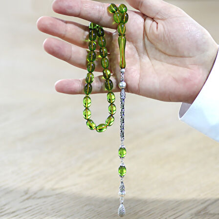 925 Ayar Gümüş Kral Zincir Püsküllü Sülün İmame Beyzi Kesim Yeşil Katalin Tesbih