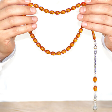 925 Ayar Gümüş Kral Zincir Püsküllü Sülün İmame Beyzi Kesim Turuncu Katalin Tesbih