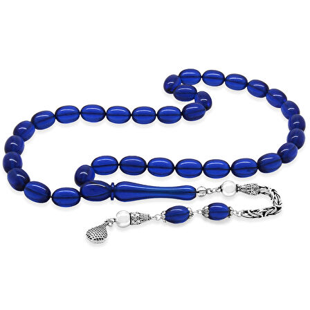 925 Ayar Gümüş Kral Zincir Püsküllü Sülün İmame Beyzi Kesim Lacivert Katalin Tesbih