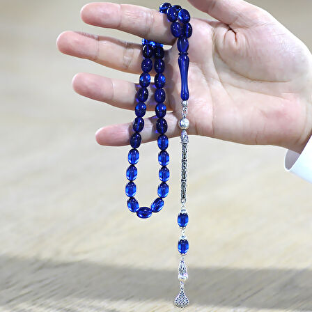 925 Ayar Gümüş Kral Zincir Püsküllü Sülün İmame Beyzi Kesim Lacivert Katalin Tesbih